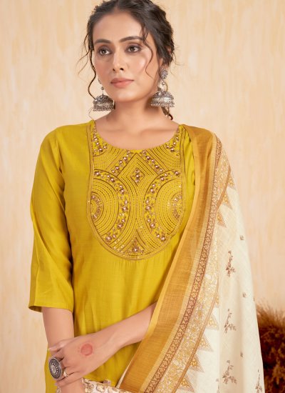 Silk Embroidered Mustard Trendy Salwar Suit