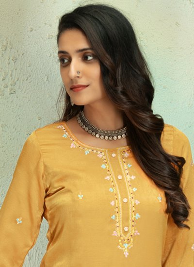 Silk Embroidered Pant Style Suit in Mustard