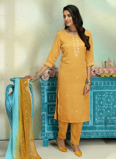 Silk Embroidered Pant Style Suit in Mustard