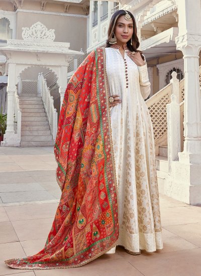 Silk Embroidered Readymade Gown in Off White