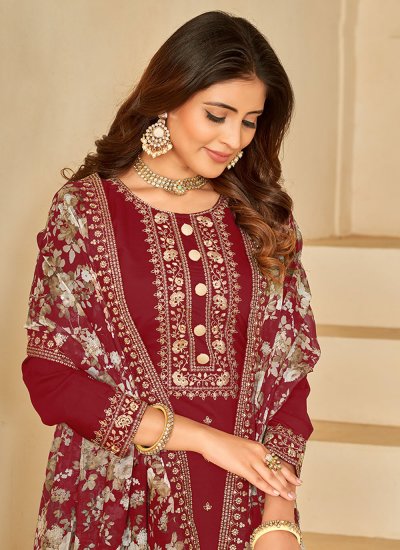 Silk Embroidered Trendy Salwar Kameez in Maroon