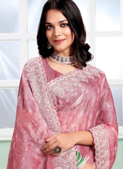 Silk Embroidered Trendy Saree in Pink