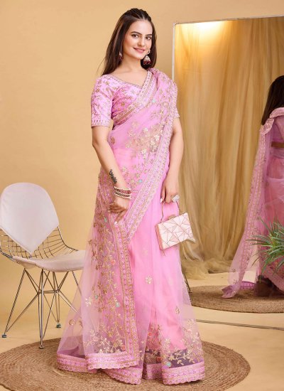 Silk Embroidered Trendy Saree in Rose Pink