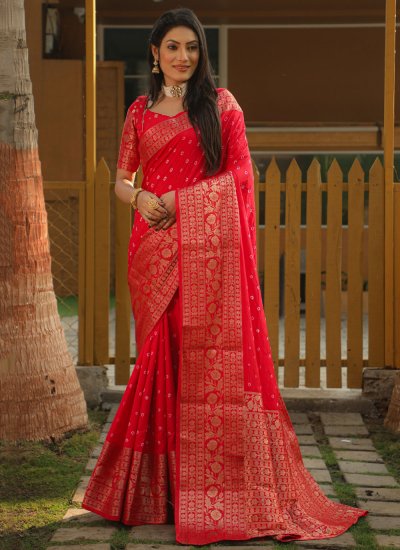 Silk Red Zari Bandhej Saree