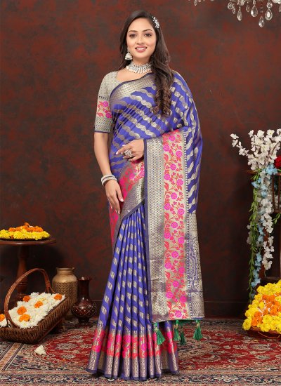Silk Weaving Blue Trendy Saree