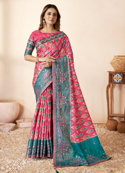 Silk Woven Trendy Saree in Blue and Pink