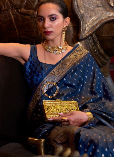 Simplistic Blue Weaving Satin Silk Trendy Saree