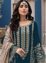 Snazzy Faux Georgette Teal Embroidered Salwar Suit