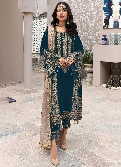 Snazzy Faux Georgette Teal Embroidered Salwar Suit