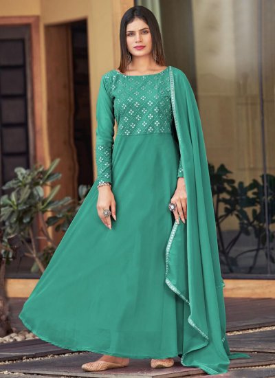 Snazzy Foil Print Green Georgette Trendy Gown