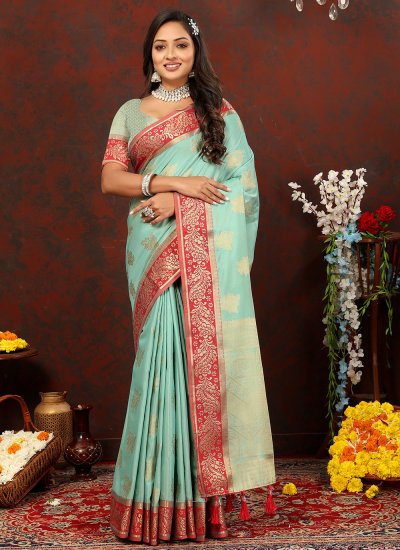 Soft Cotton Designer Designer Saree in Aqua Blue