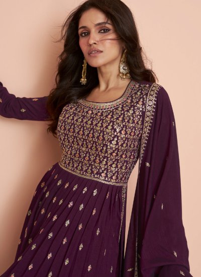 Sophisticated Silk Embroidered Purple Designer Salwar Suit