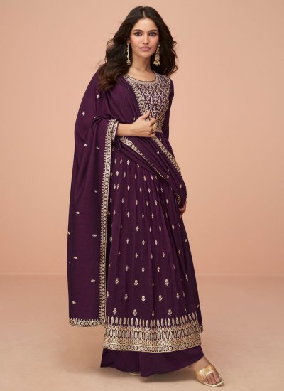 Sophisticated Silk Embroidered Purple Designer Salwar Suit