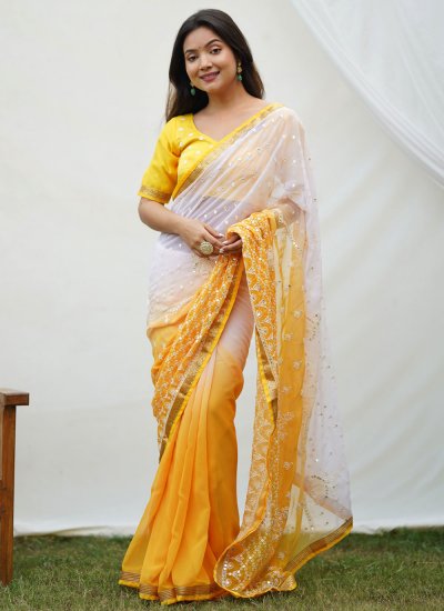 Sorcerous Georgette White and Yellow Thread Work Trendy Saree