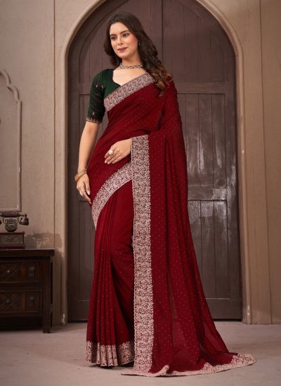 Specialised Vichitra Silk Maroon Embroidered Trendy Saree