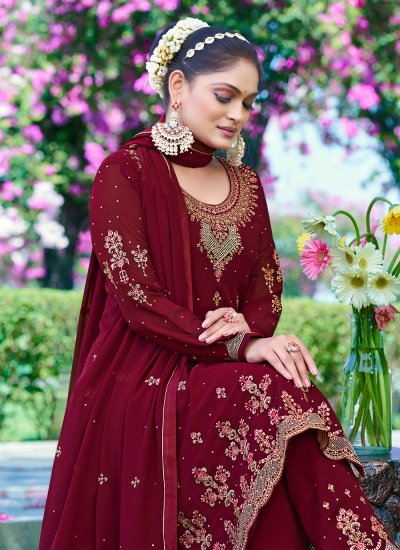 Spectacular Georgette Embroidered Maroon Salwar Suit