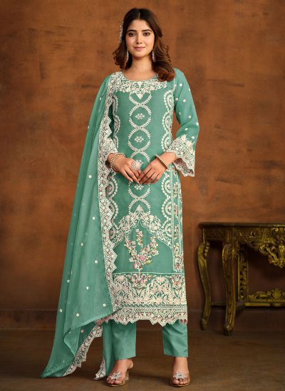 Splendid Sea Green Embroidered Pant Style Suit