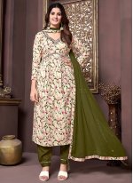 Staring Rayon Printed Cream and Green Trendy Salwar Suit