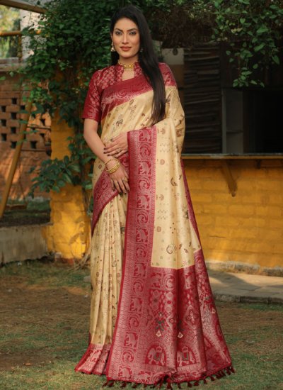 Stunning Kanjivaram Silk Weaving Cream Classic Saree