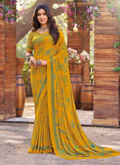 Stunning Printed Yellow Crepe Silk Designer Saree