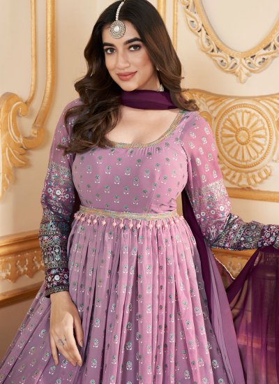 Stupendous Faux Georgette Purple Foil Print Trendy Gown