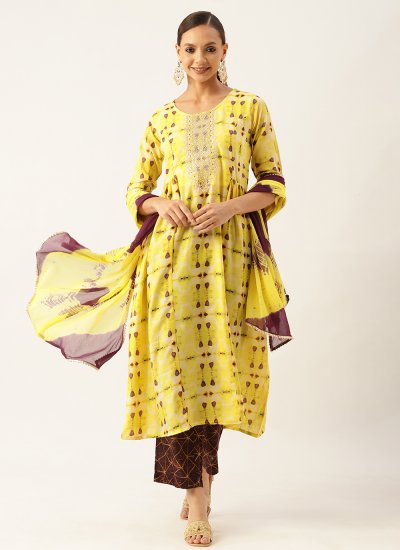 Stupendous Printed Muslin Yellow Pant Style Suit