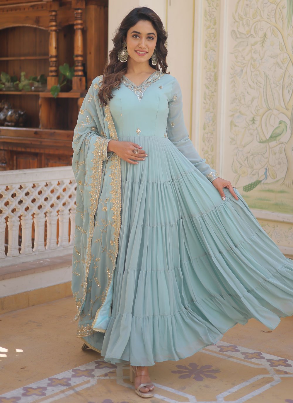 Stylish Aqua Blue Party Gown -
