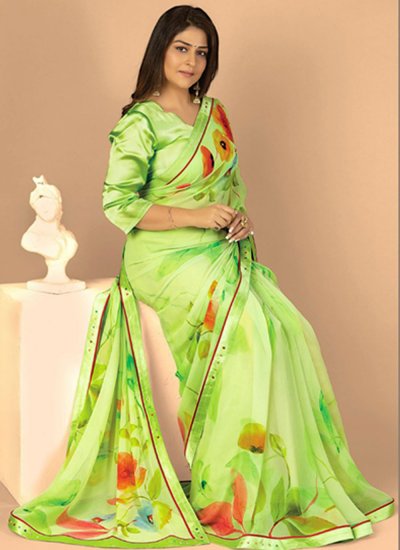 Stylish Digital Print Silk Green Trendy Saree