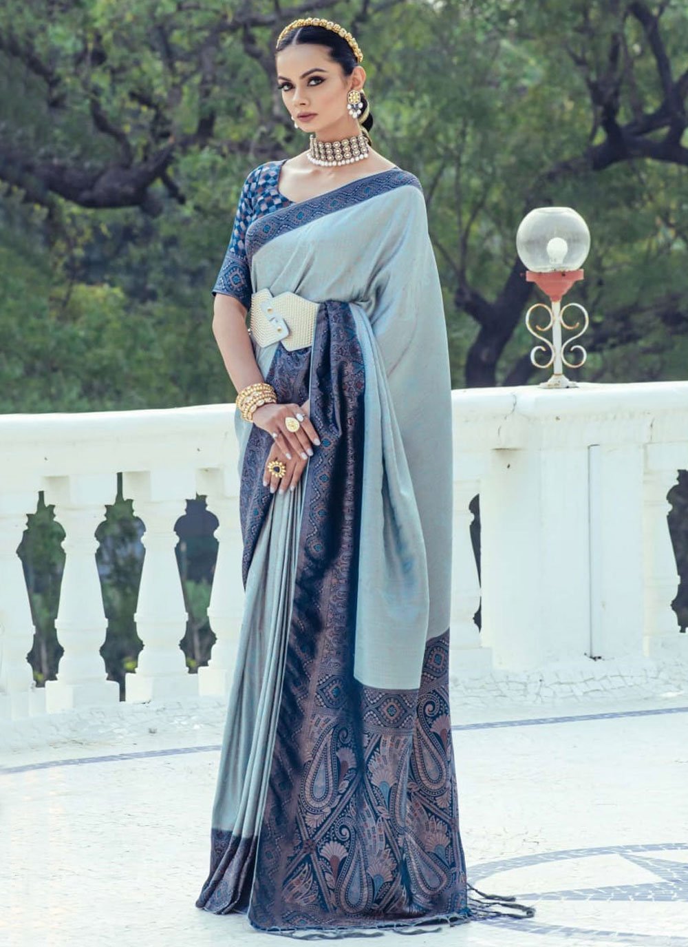 Vishal Prints Navy Blue Satin Saree With Stone Work