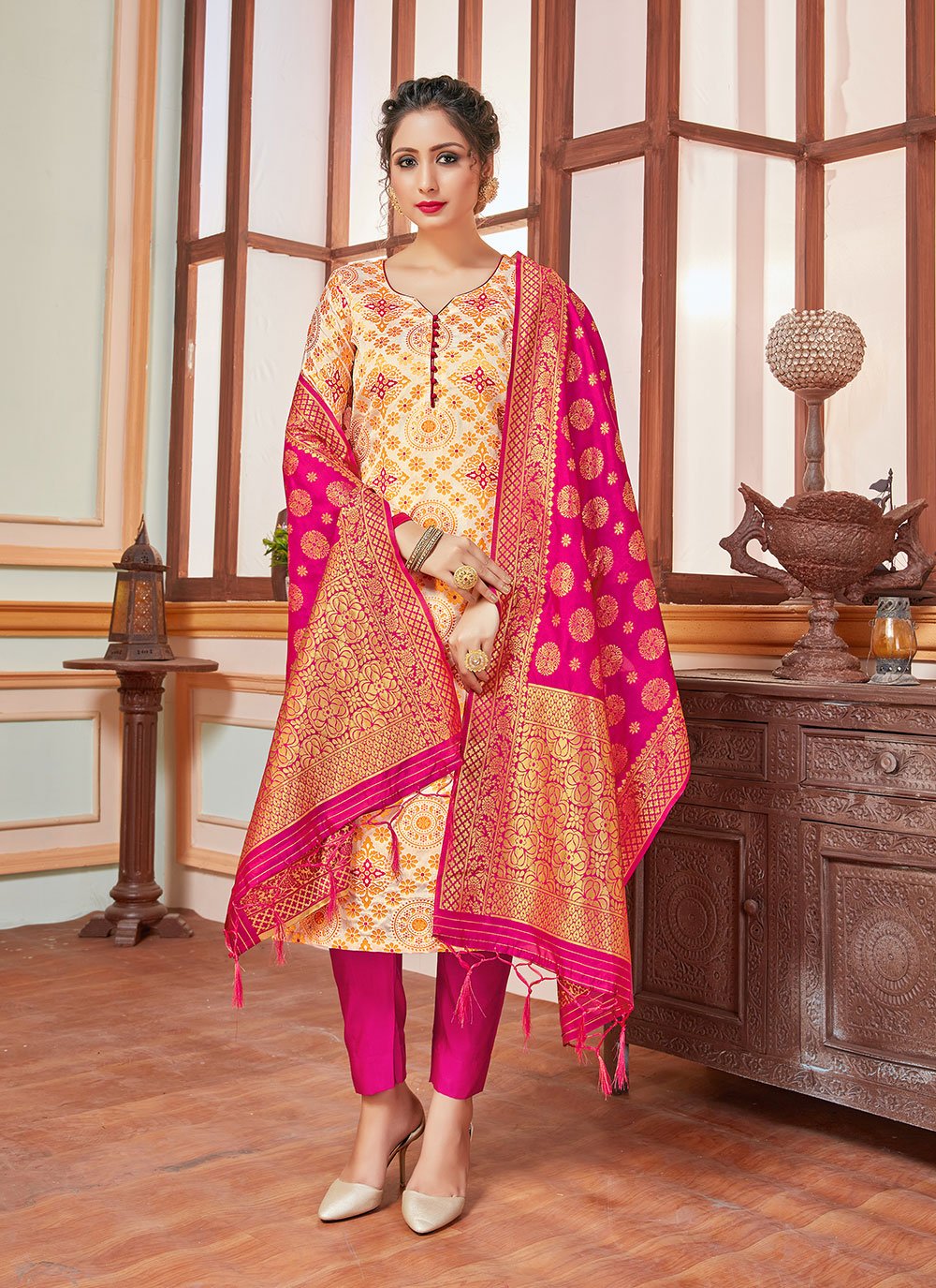 Superlative Banarasi Silk Cream Pant Style Suit