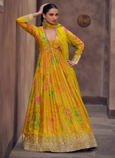 Superlative Yellow Embroidered Gown 