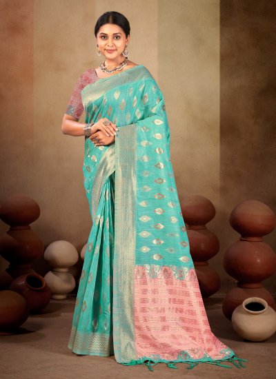 Surpassing Aqua Blue Weaving Linen Designer Traditional Saree
