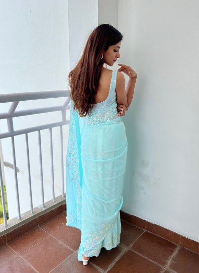 Surpassing Embroidered Aqua Blue Designer Traditional Saree