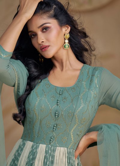 Swanky Embroidered Sea Green Georgette Readymade Gown