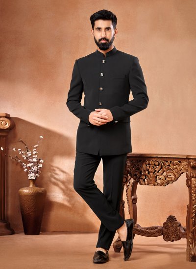 Synthetic Buttons Jodhpuri Jacket in Black