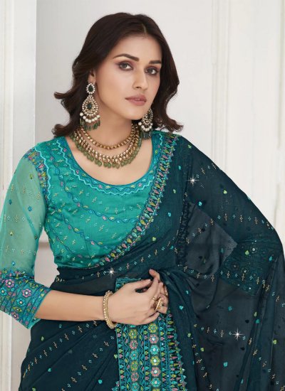Teal Embroidered Trendy Saree