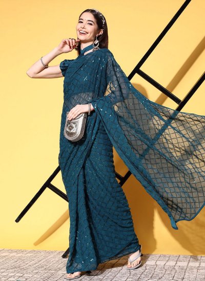 Teal Sequins Georgette Shaded Saree