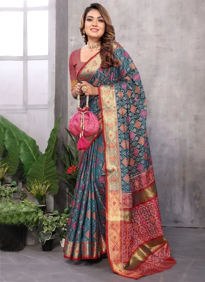 Teal Weaving Party Contemporary Saree