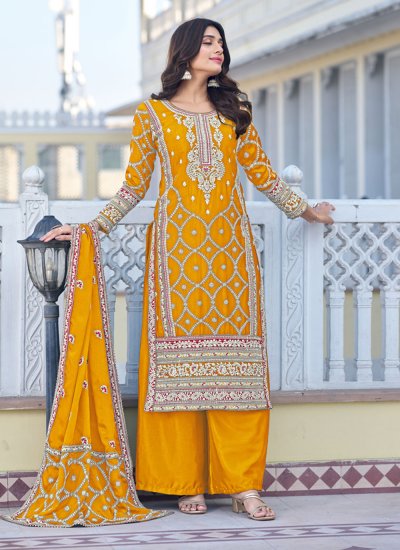 Tempting Embroidered Yellow Trendy Salwar Suit 