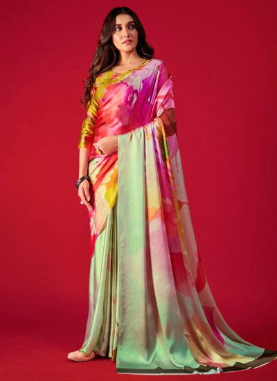 Tempting Multi Colour Digital Print Satin Trendy Saree
