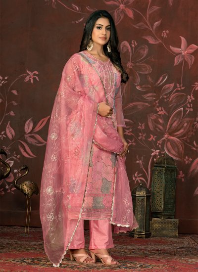 Thrilling Organza Pink Embroidered Trendy Salwar Kameez