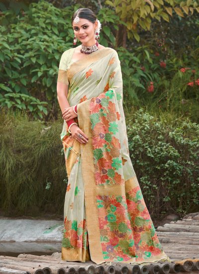 Tiptop Cotton Floral Print Sea Green Designer Traditional Saree