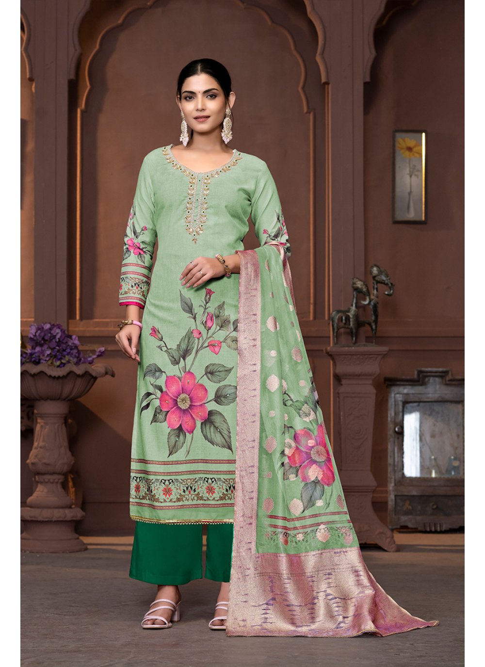 Tiptop Printed Cotton Green Designer Palazzo Salwar Kameez