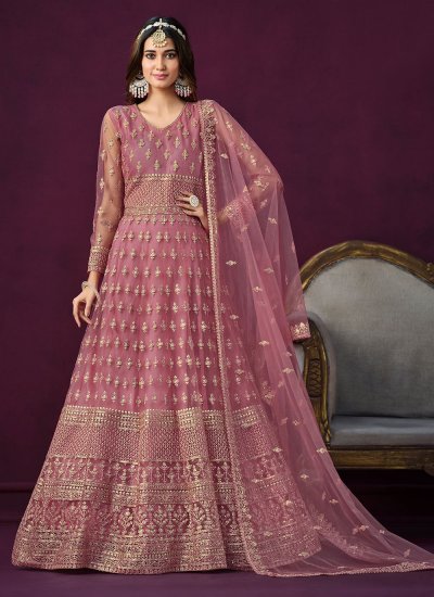 Transcendent Net Pink Trendy Anarkali Salwar Suit