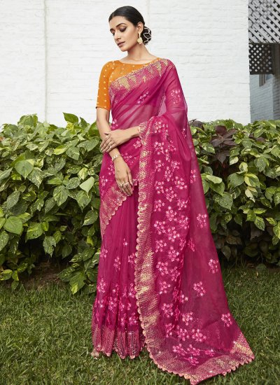 Transcendent Pink Embroidered Contemporary Style Saree