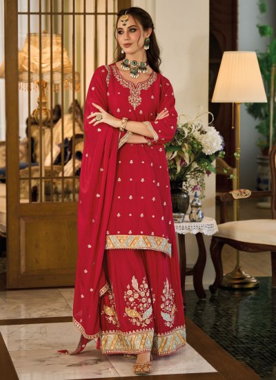 Trendy Chinon Red Embroidered Palazzo Salwar Kameez