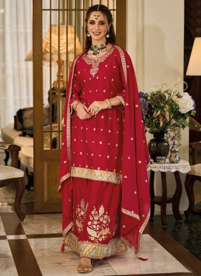 Trendy Chinon Red Embroidered Palazzo Salwar Kameez
