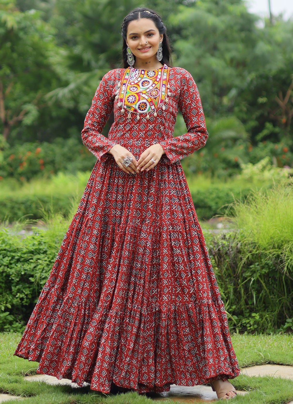 Trendy Gown Print Cotton in Maroon