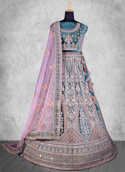 Trendy Long Choli Lehenga Embroidered Velvet in Teal