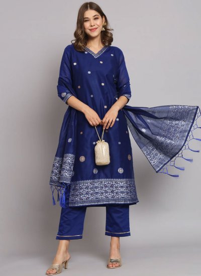 Trendy Salwar Kameez Woven Cotton Silk in Blue